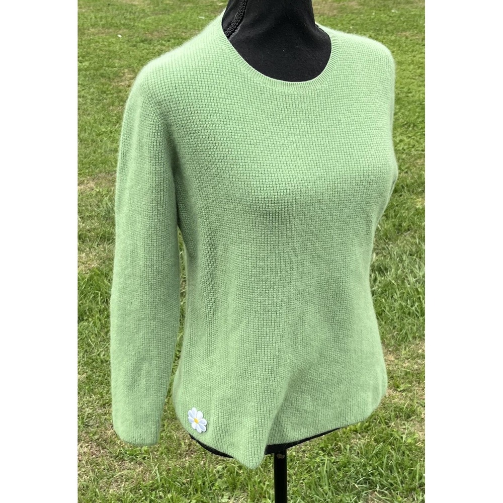 L.L.Bean Sweater Womens Large Green 100% Cashmere Crewneck Rib Knit Pullover